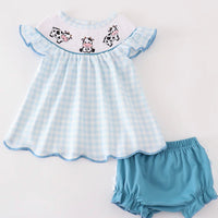 Cow trio blue gingham bloomer set