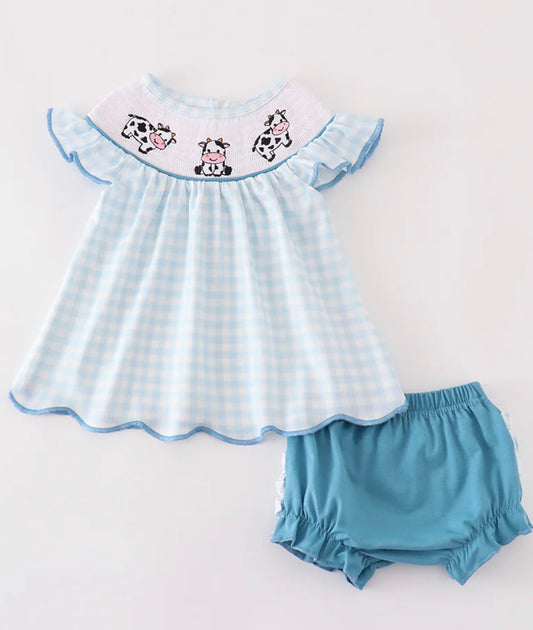 Cow trio blue gingham bloomer set