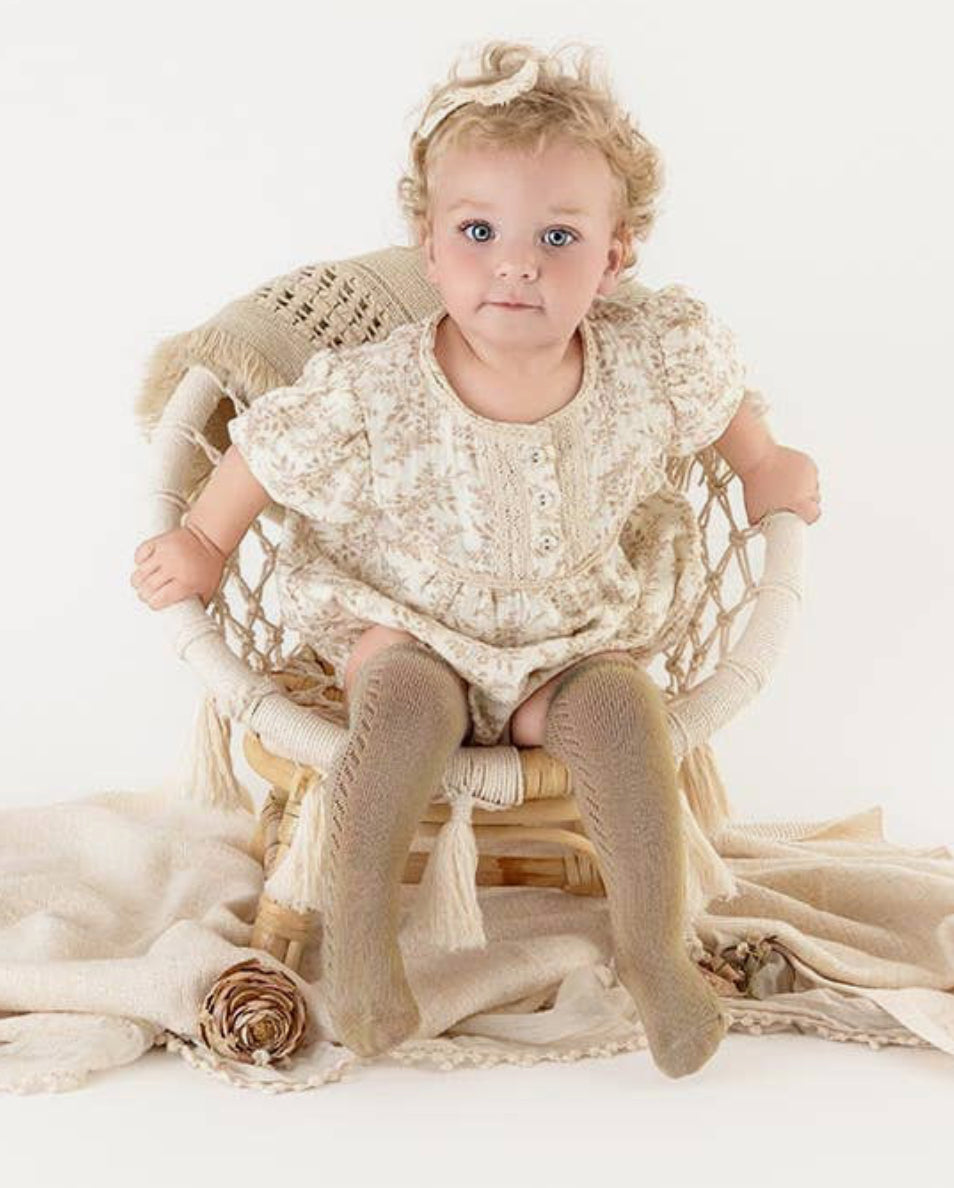 Nude floral bubble, bow + sock set