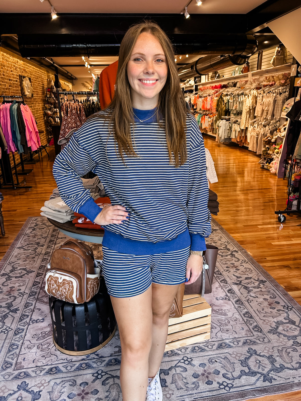 Striped mock neck short set