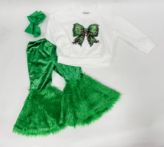 Christmas bow sweatshirt + fuzzy pant set