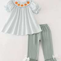 Sage gingham pumpkin girls set