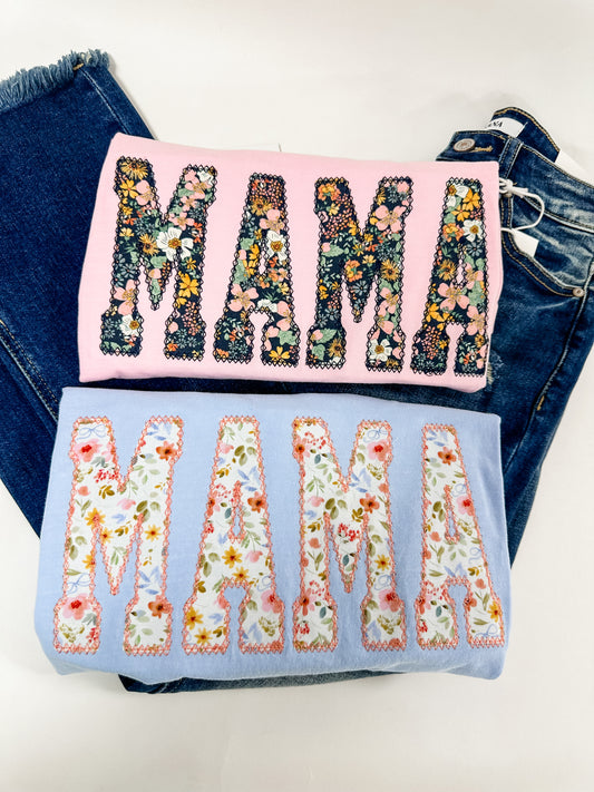 Pink Navy floral MAMA appliqué tee