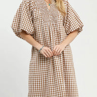 Brown Puff Sleeve Plaid Midi Dress