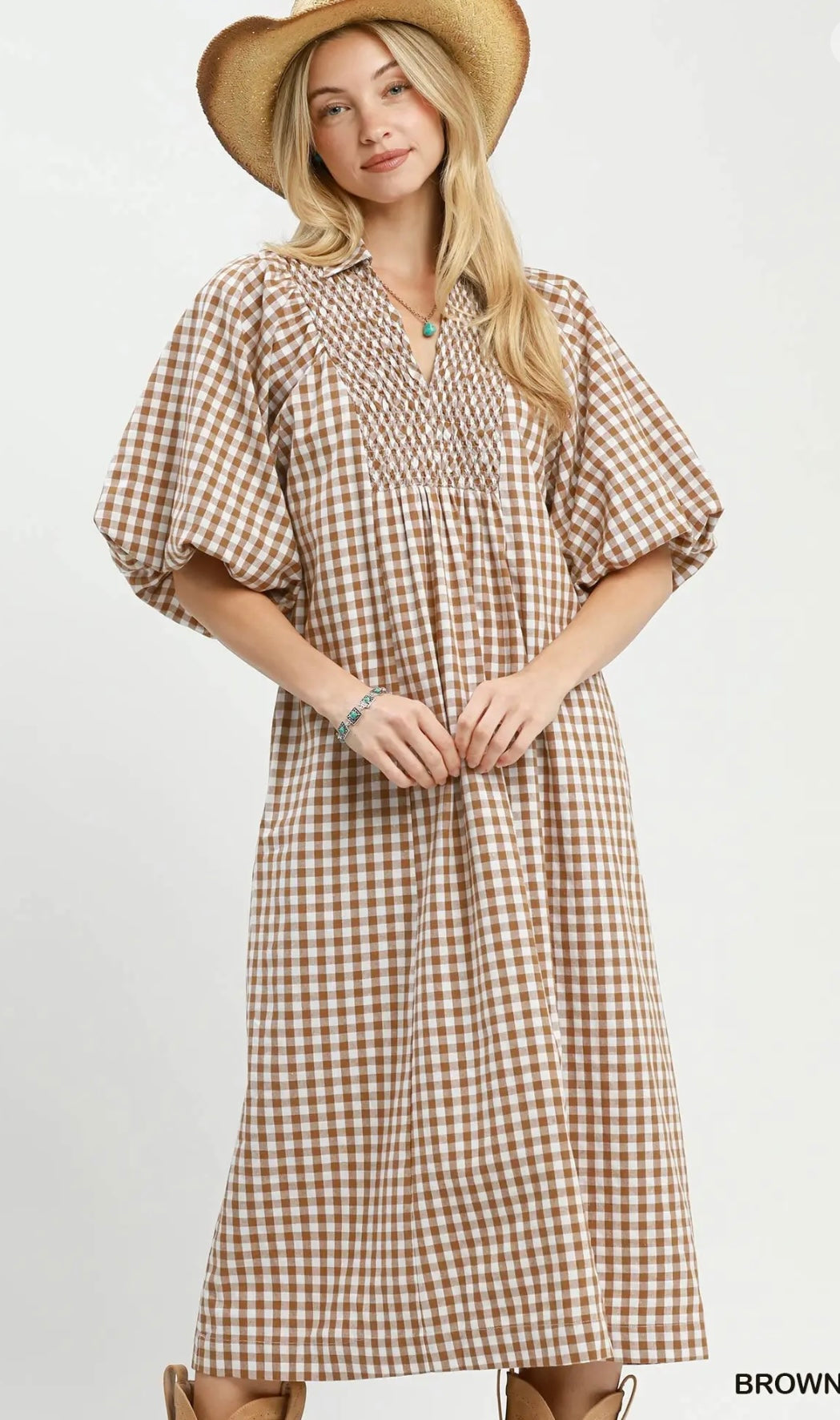 Brown Puff Sleeve Plaid Midi Dress