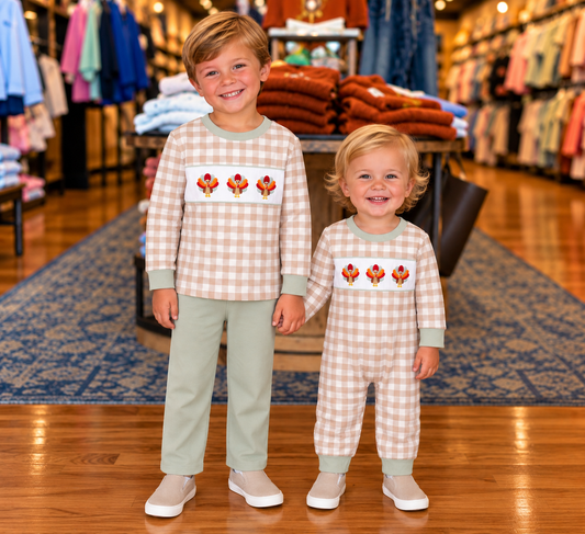 Turkey trio gingham boys romper