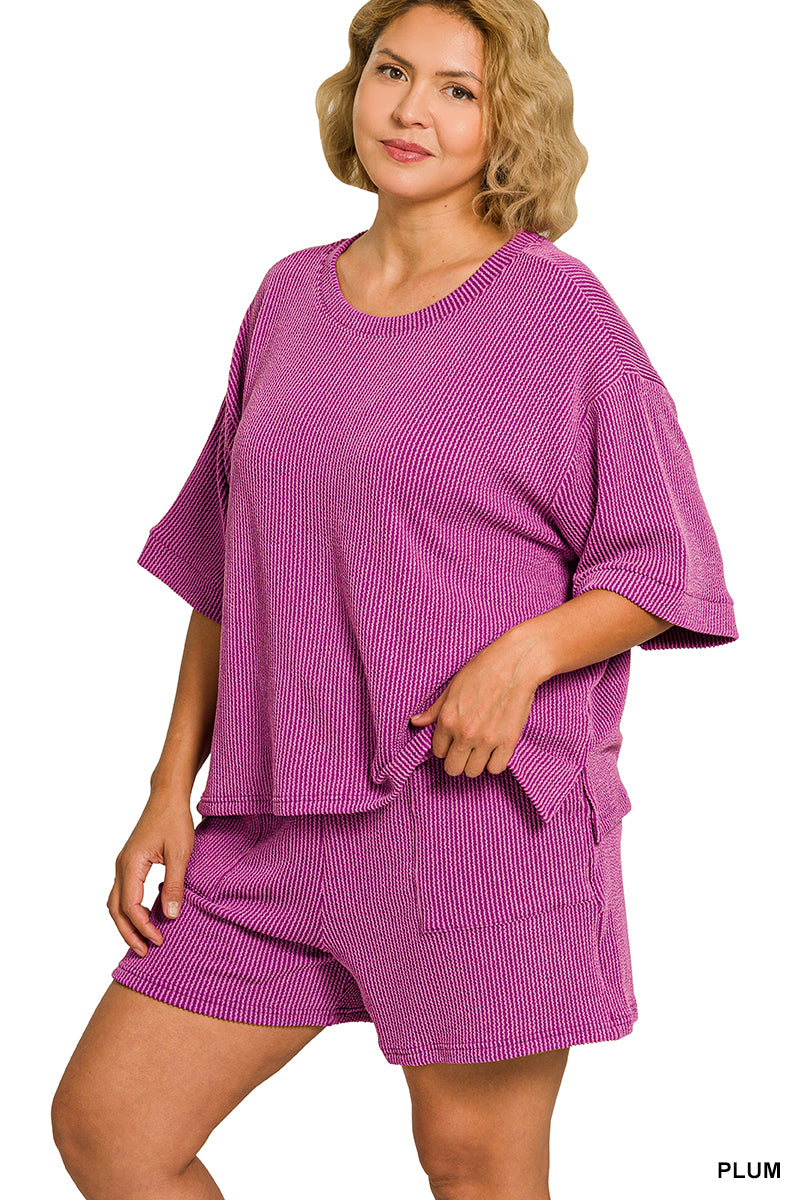 Plus Plum ribbed short set
