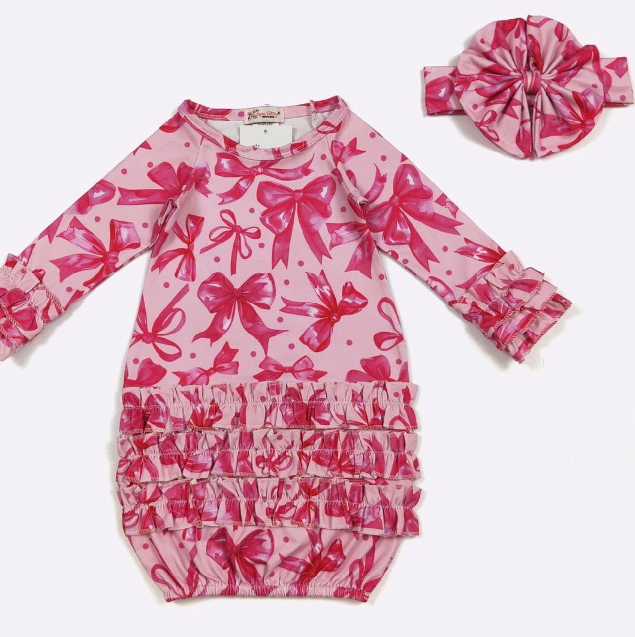 Pink bow floral ruffle gown