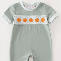 Sage gingham pumpkin boys romper