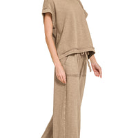 Acid wash pant set -cocoa