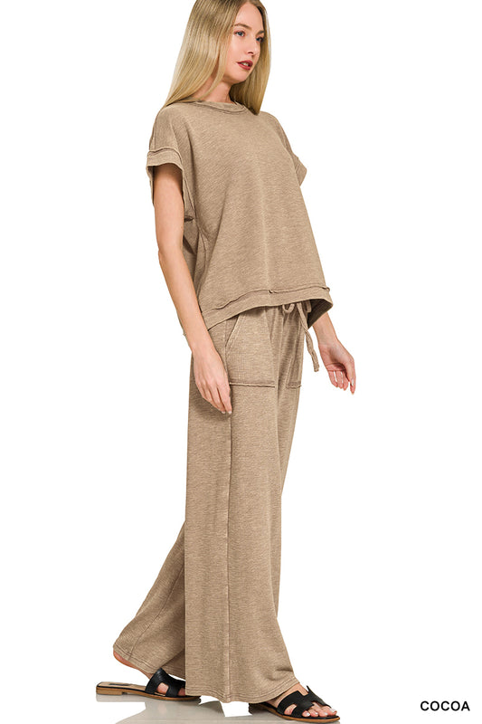 Acid wash pant set -cocoa