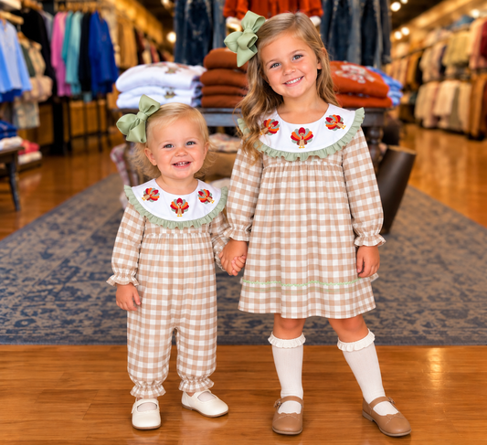 Turkey trio gingham girls romper