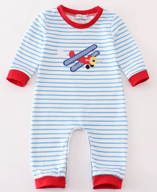 Blue striped airplane romper