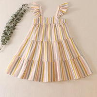 Multicolored stripe tiered ruffle linen dress