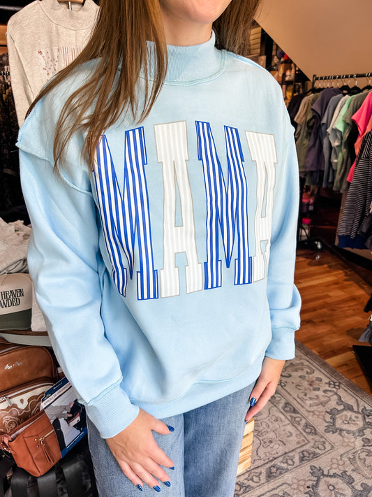 Blue MAMA striped mock neck