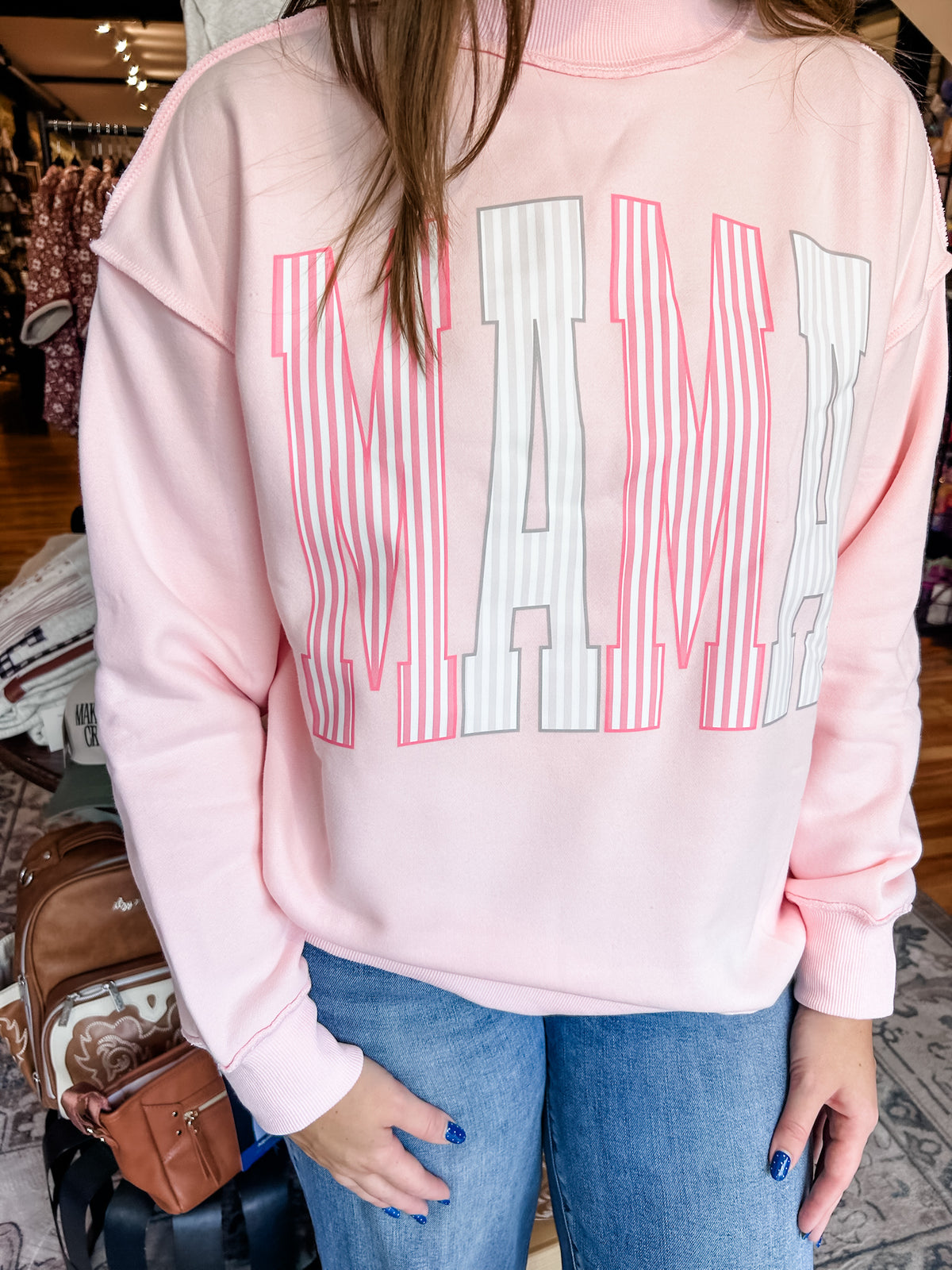 Pink MAMA striped mock neck