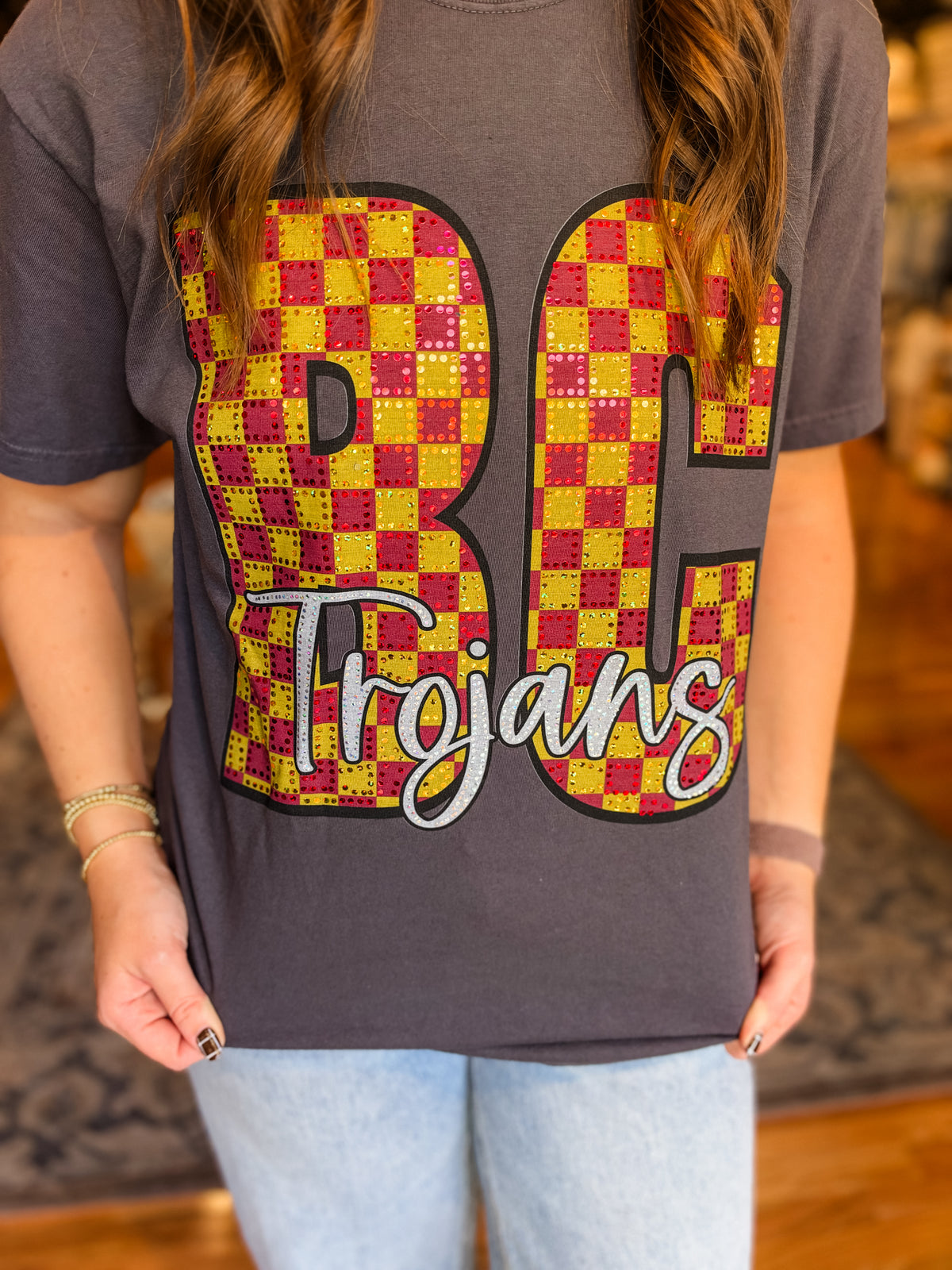 BC Trojans checkered sparkle tee