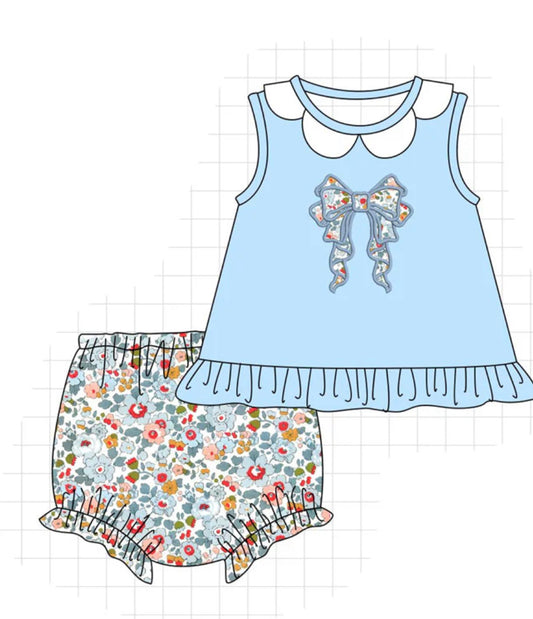 Blue floral bow bloomer set