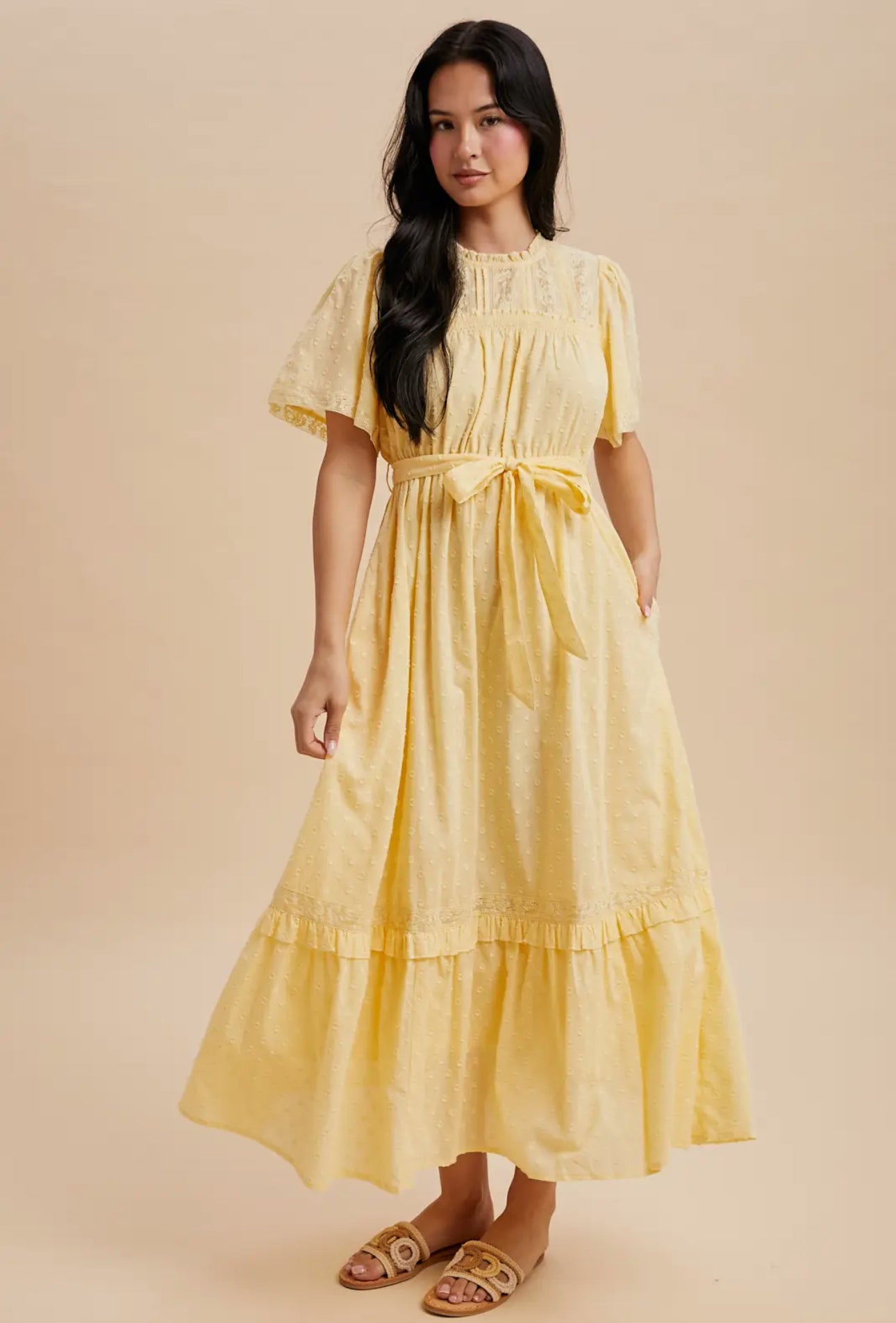 Swiss dot yellow maxi dress