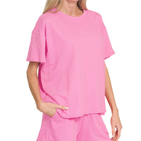 Solid candy pink short set