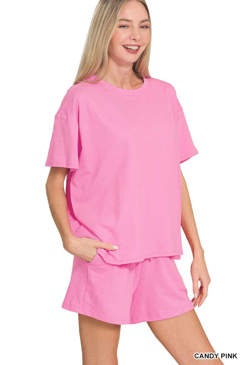 Solid candy pink short set
