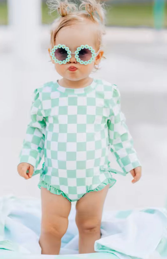 Green checkered swim Rashguard