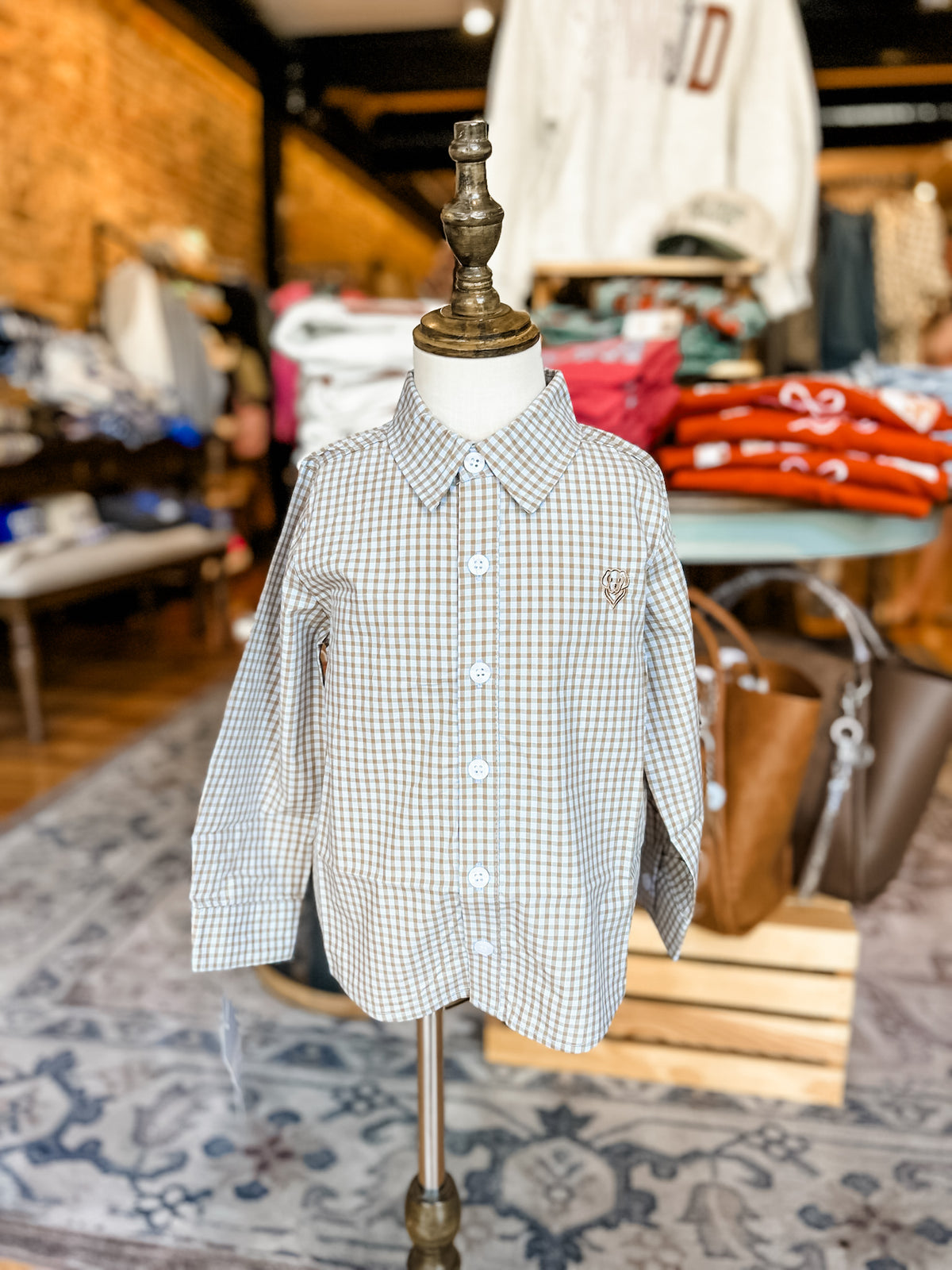 Boys button down— blue & brown