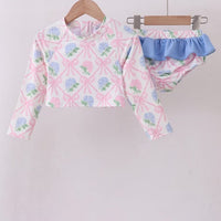 Blue bow floral ruffle long sleeve 2pc