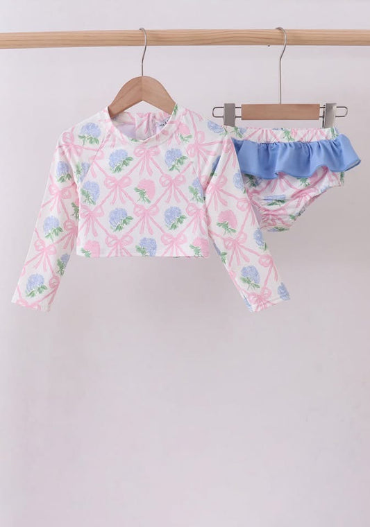 Blue bow floral ruffle long sleeve 2pc