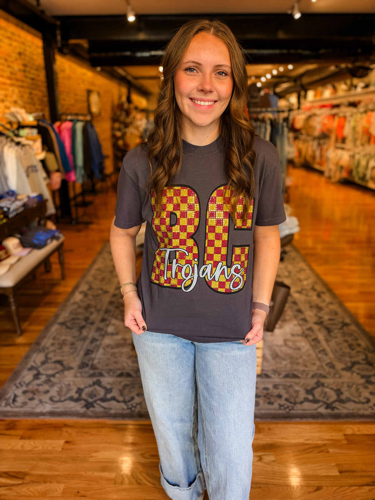 BC Trojans checkered sparkle tee