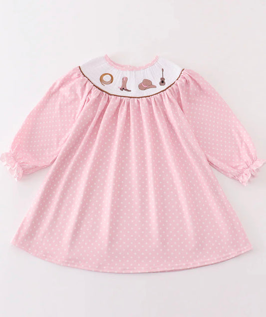 Pink dot smocked western dress