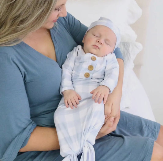 Bamboo dusty blue newborn gown & hat