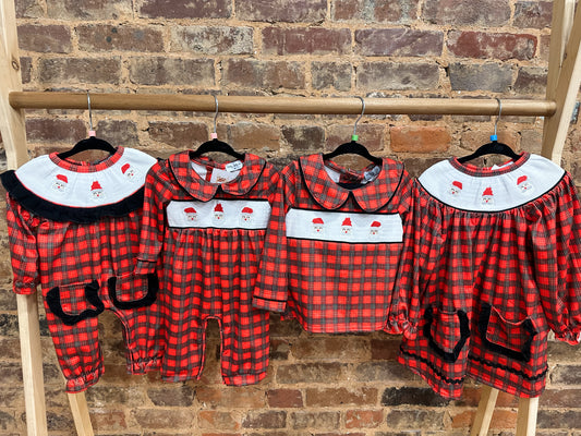 Red smocked Santa boys romper