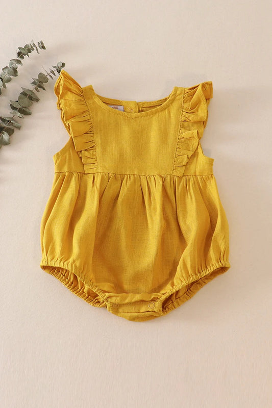 Mustard linen girls ruffle bubble