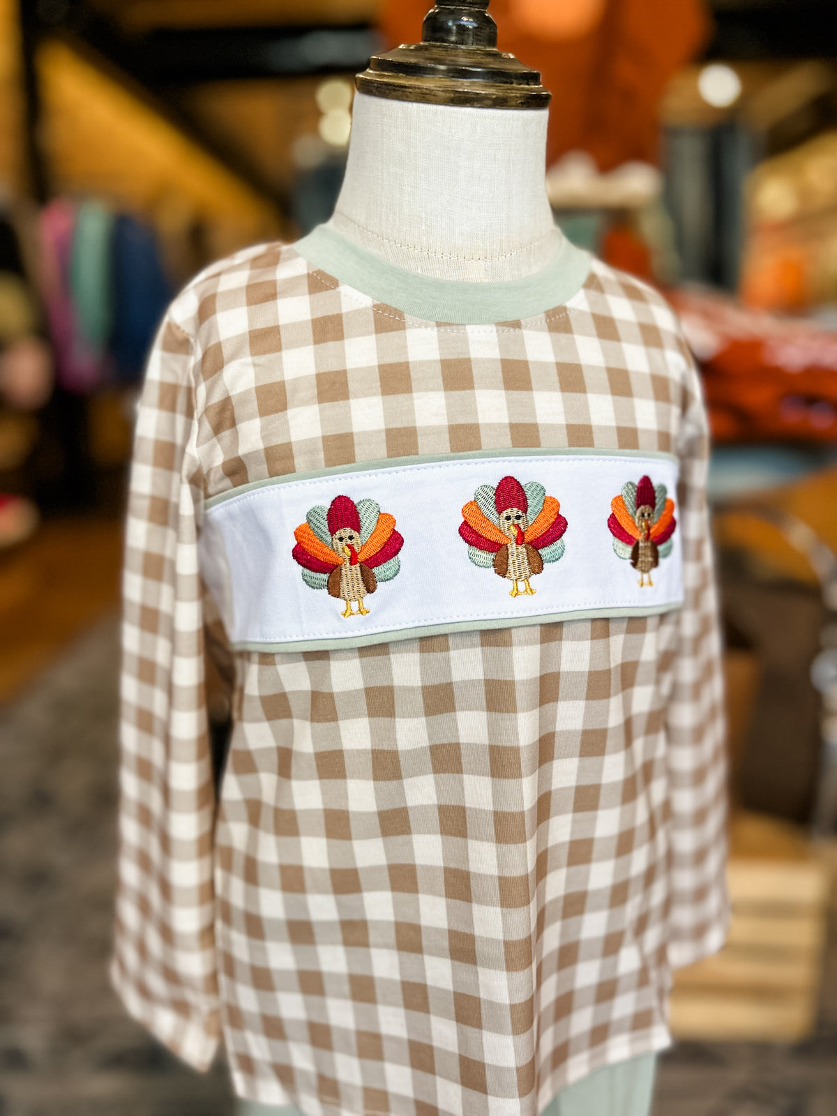 Turkey trio gingham boys romper