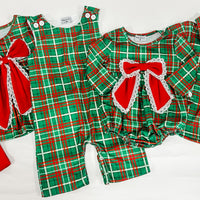 Christmas bow plaid girl bubble set