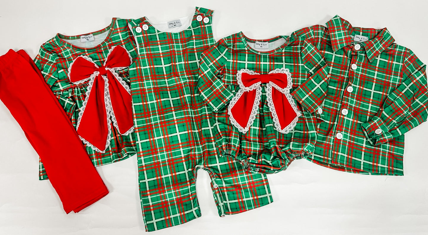 Christmas bow plaid girl bubble set