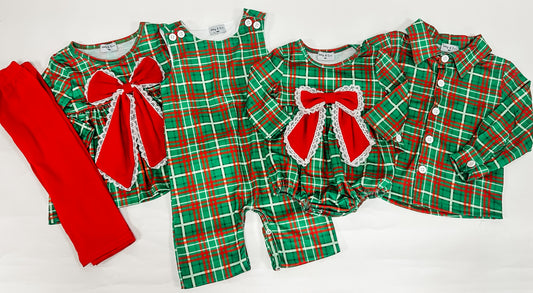 Christmas bow plaid girl bubble set