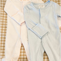 Blue picot trim footie- INCLUDES EMBROIDERY