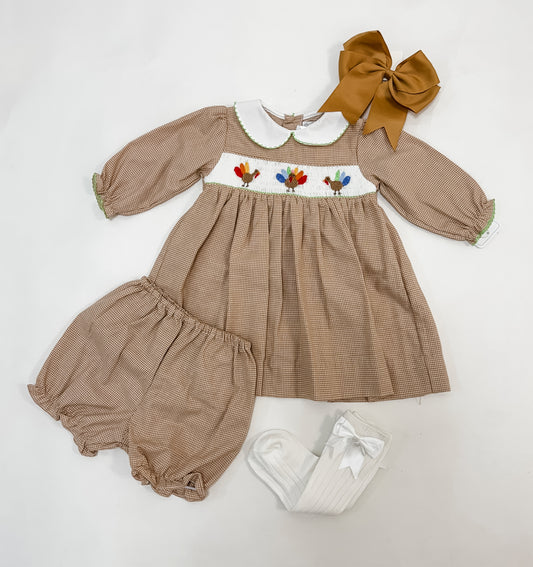 Smocked turkey gingham dress