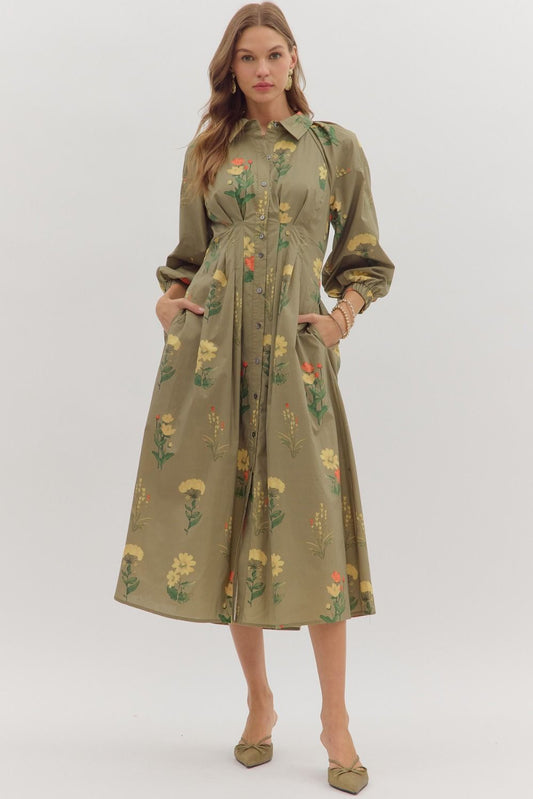 Martini olive midi floral dress