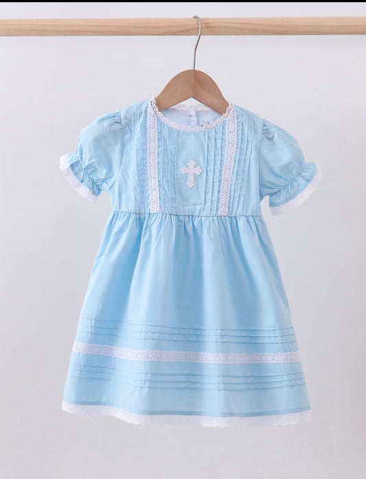 Blue cross lace embroidered dress