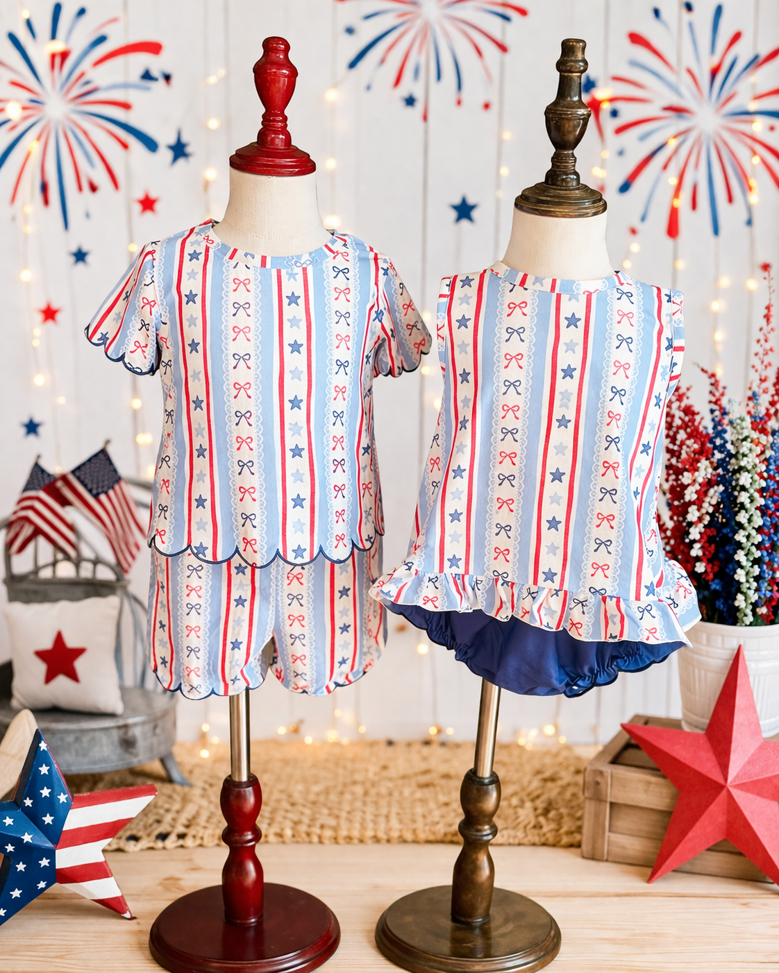 Stars, bows, stripes scallop short set