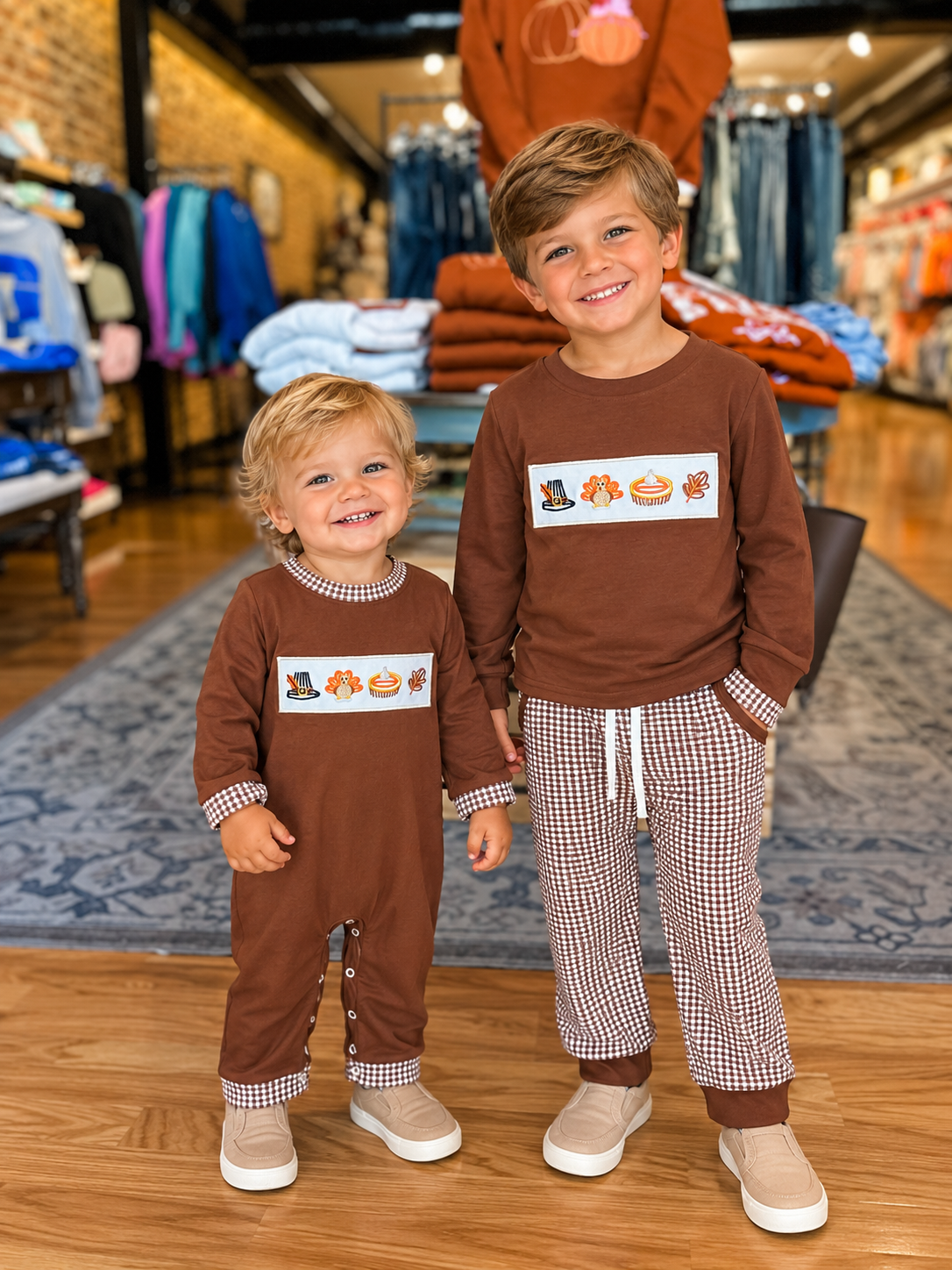 Brown plaid thanksgiving romper