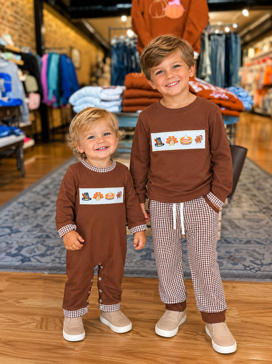 Brown plaid thanksgiving pant set