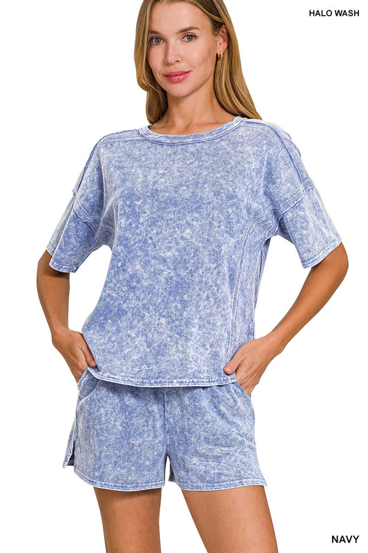 Acid wash 2pc short set- navy