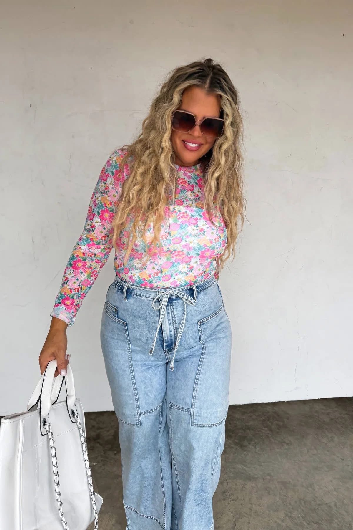 Pink floral mesh long sleeve