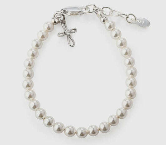 Silver Pearl baby baptism bracelet