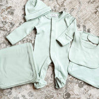 Sage green picot trim bib- INCLUDES EMBROIDERY