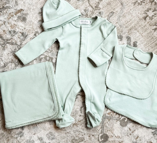 Sage green picot trim footie- INCLUDES EMBROIDERY